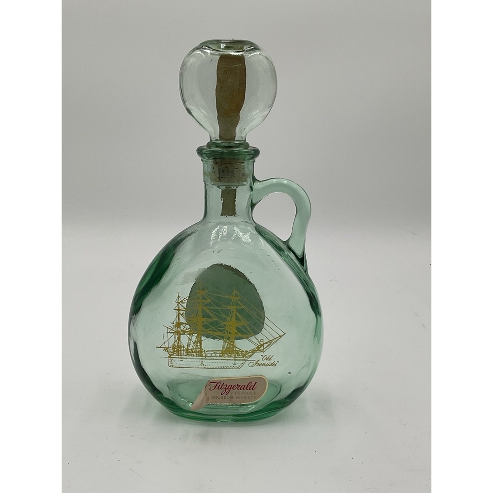 Vintage Old Fitzgerald Green Glass Decanter With Stopper & Ship Design
